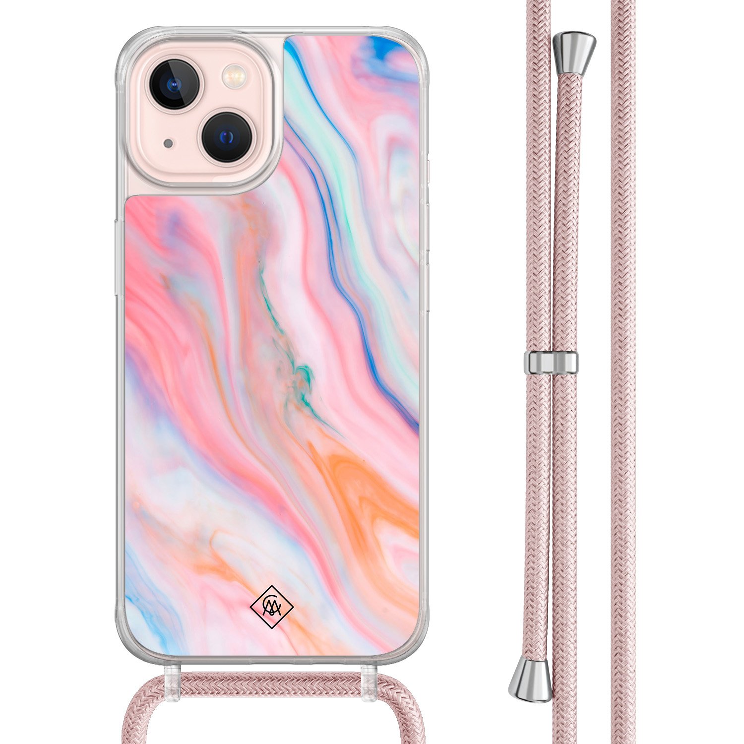 iPhone 13 hoesje met rosegoud koord - Pink glam