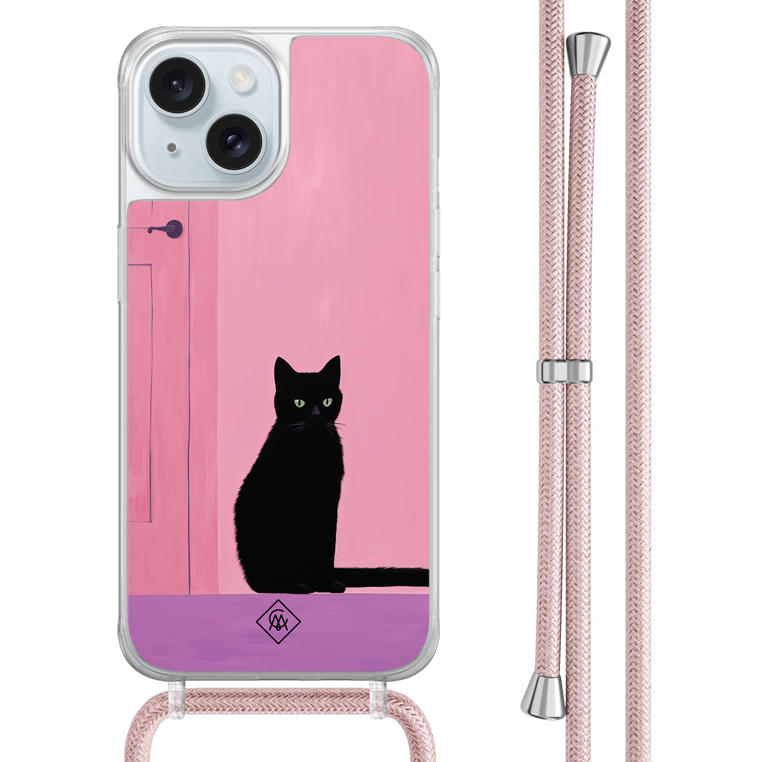 iPhone 15 hoesje met rosegoud koord Zwarte kat