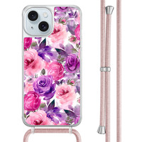 Casimoda iPhone 15 hoesje met rosegoud koord - Rosy blooms