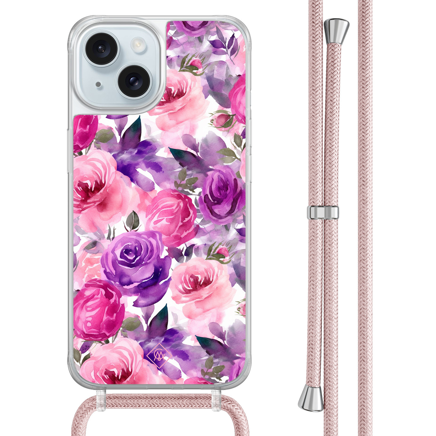 iPhone 15 hoesje met rosegoud koord Rosy blooms
