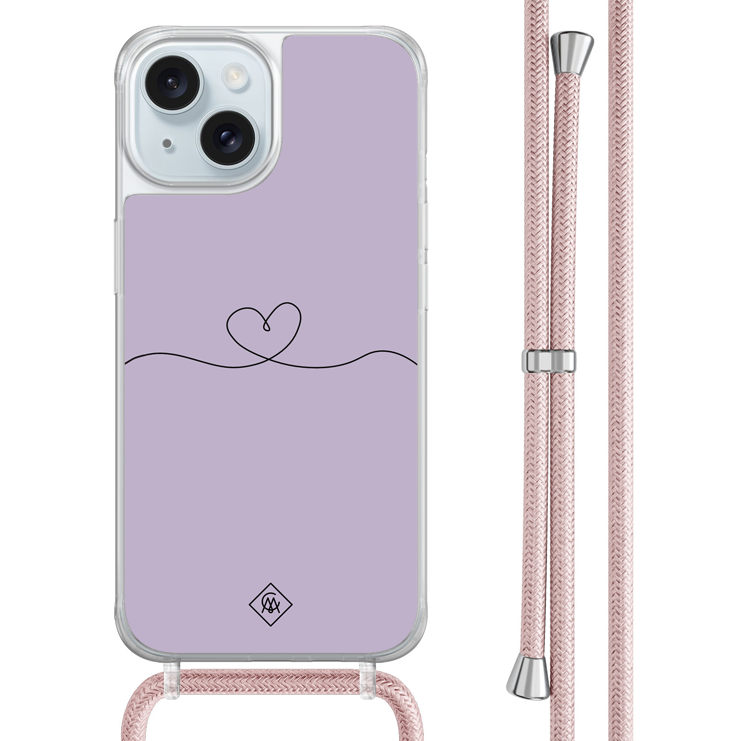 iPhone 15 hoesje met rosegoud koord Hart lila