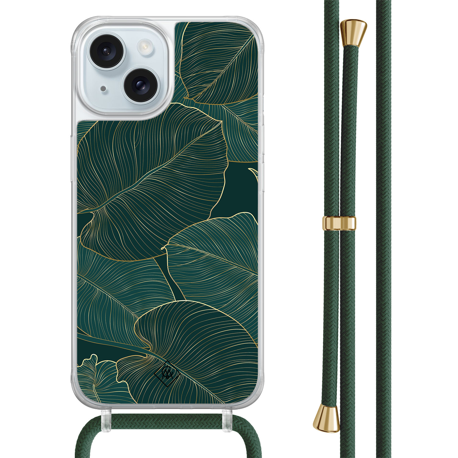 iPhone 15 hoesje met groen koord Monstera leaves