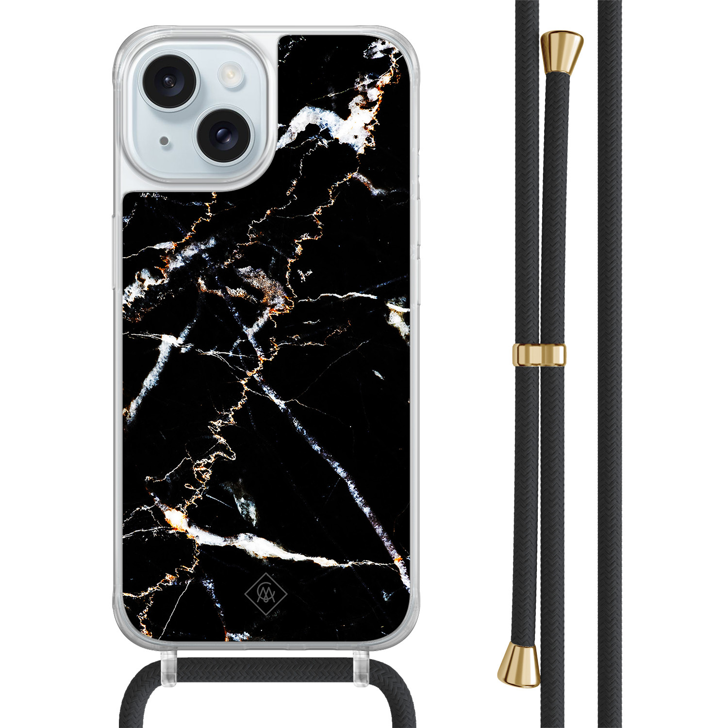 iPhone 15 hoesje met zwart koord Marmer zwart