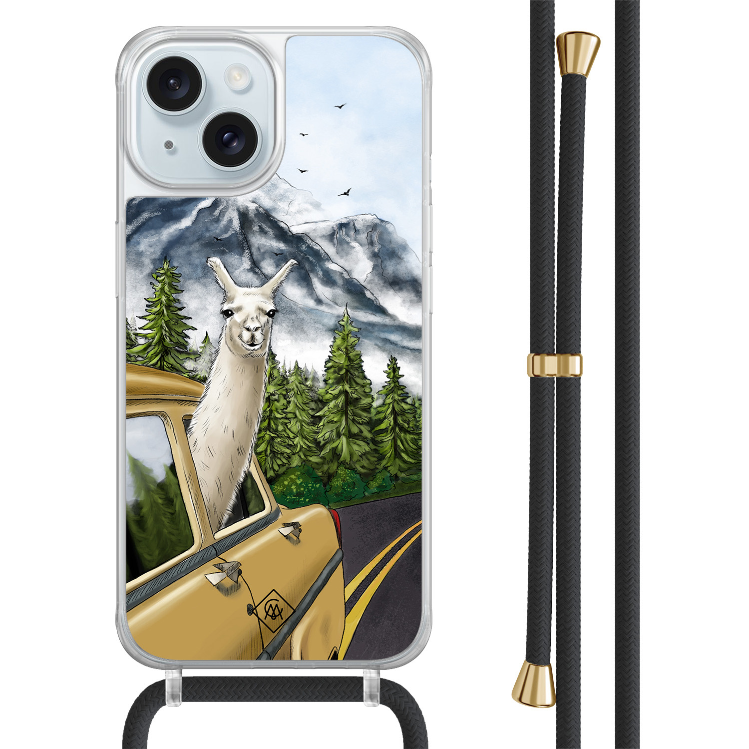 iPhone 15 hoesje met zwart koord Lama in taxi