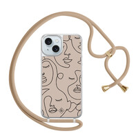 Casimoda iPhone 15 hoesje met beige koord - Abstract faces