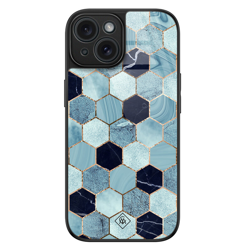 Casimoda iPhone 15 glazen hardcase - Blue cubes