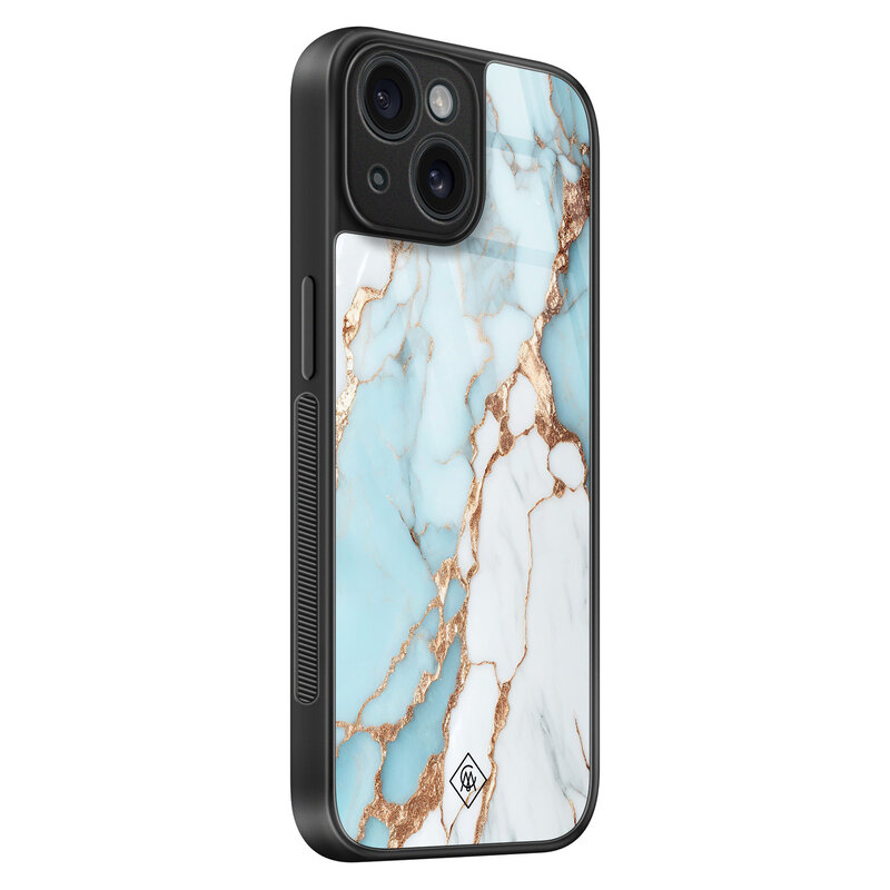 Casimoda iPhone 15 glazen hardcase - Marmer lichtblauw