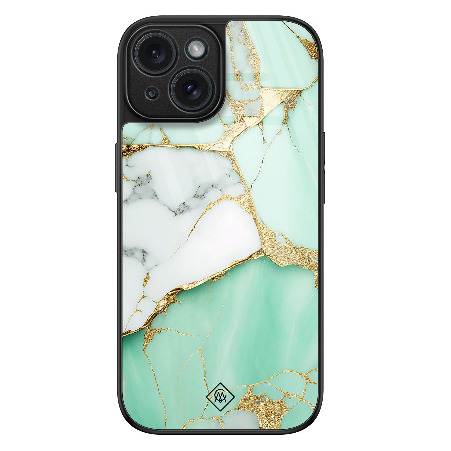 iPhone 15 glazen hardcase - Marmer mint goud