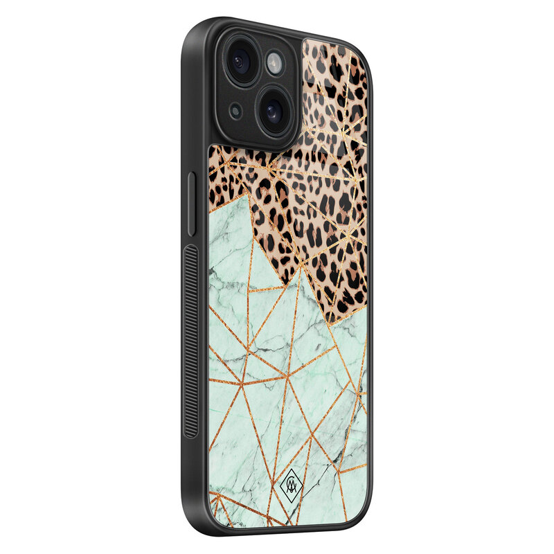 Casimoda iPhone 15 glazen hardcase - Luipaard marmer mint
