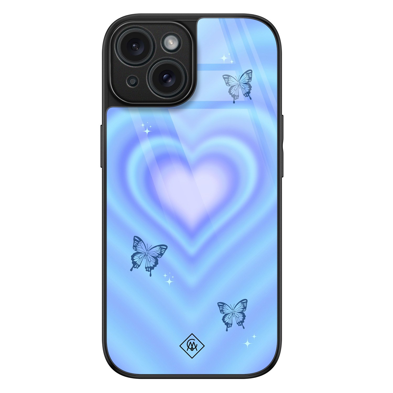 iPhone 15 glazen hardcase - Retro hart blauw