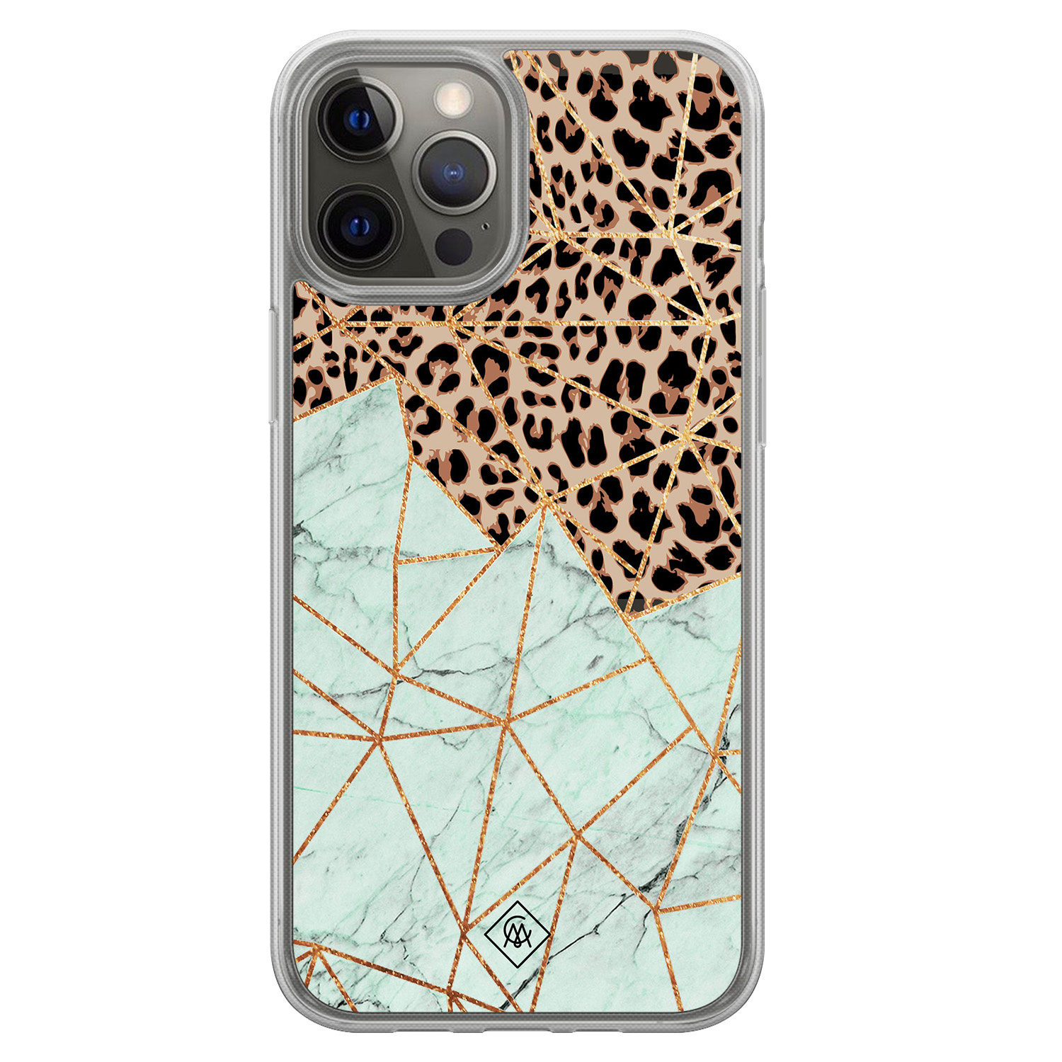 iPhone 12 (Pro) hybride hoesje - Luipaard marmer mint