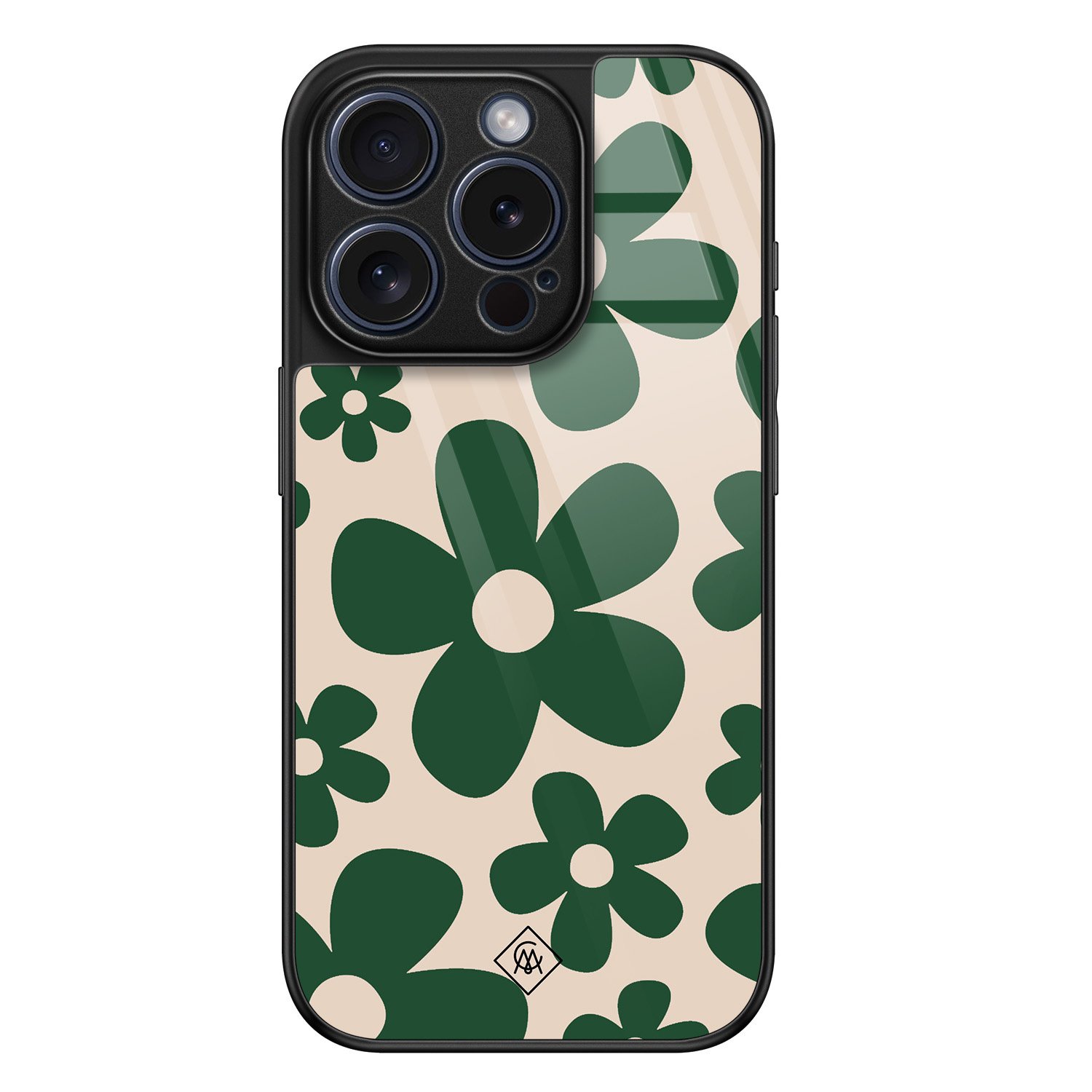 iPhone 15 Pro glazen hardcase - Retro flowers groen