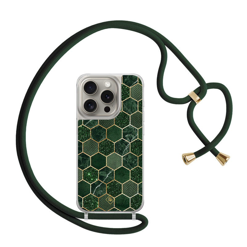 Casimoda iPhone 15 Pro hoesje met groen koord - Kubus groen