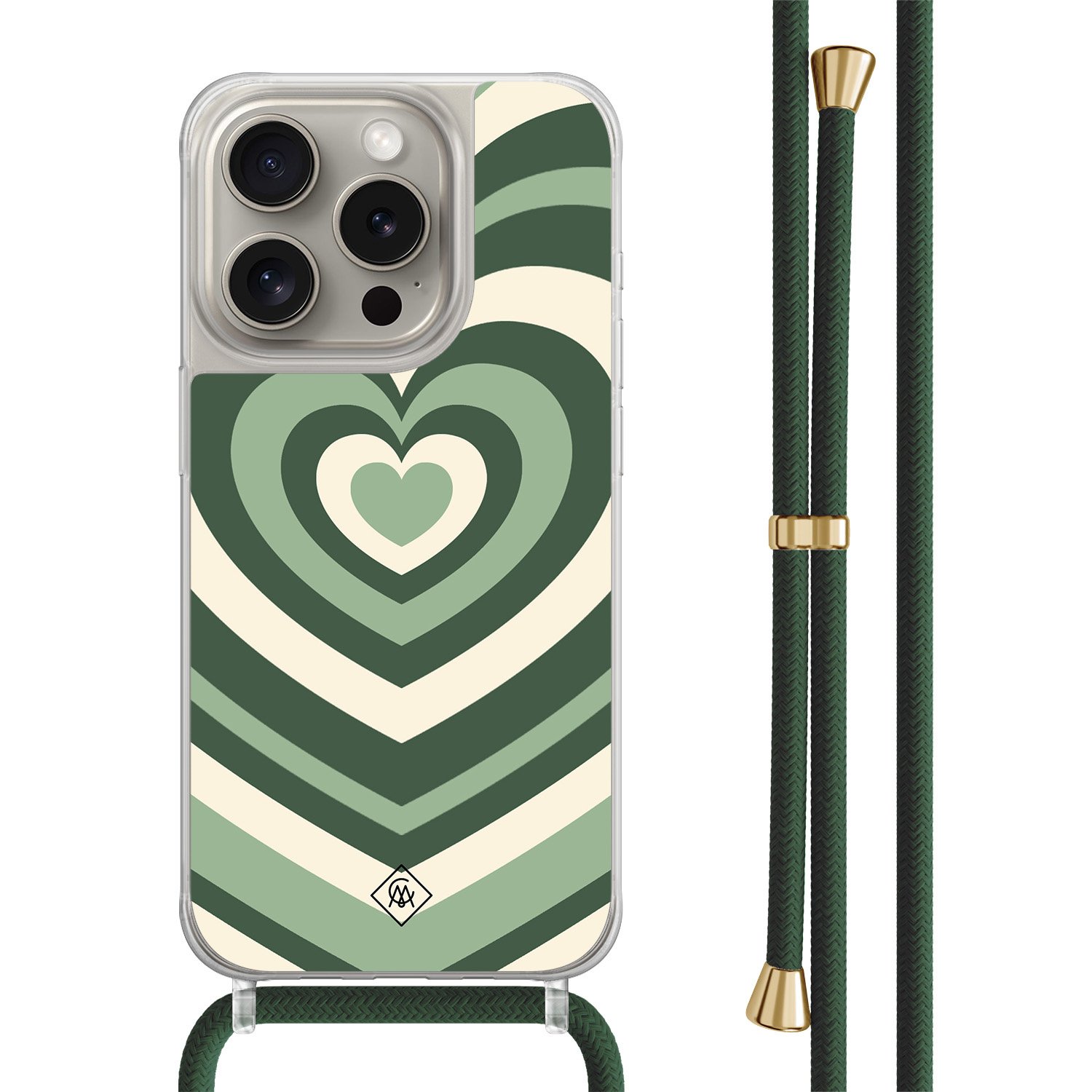 iPhone 15 Pro hoesje met groen koord - Hart swirl groen