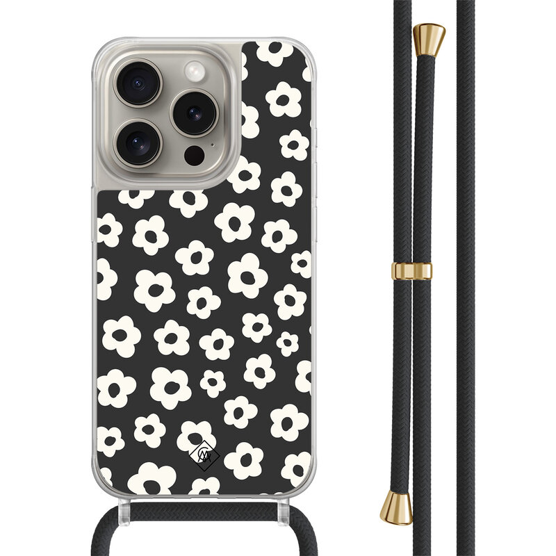 Casimoda iPhone 15 Pro hoesje met zwart koord - Retro bloempjes