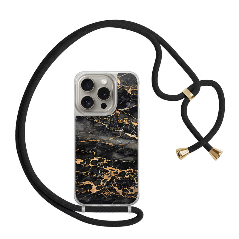 Casimoda iPhone 15 Pro hoesje met zwart koord - Marmer grijs brons