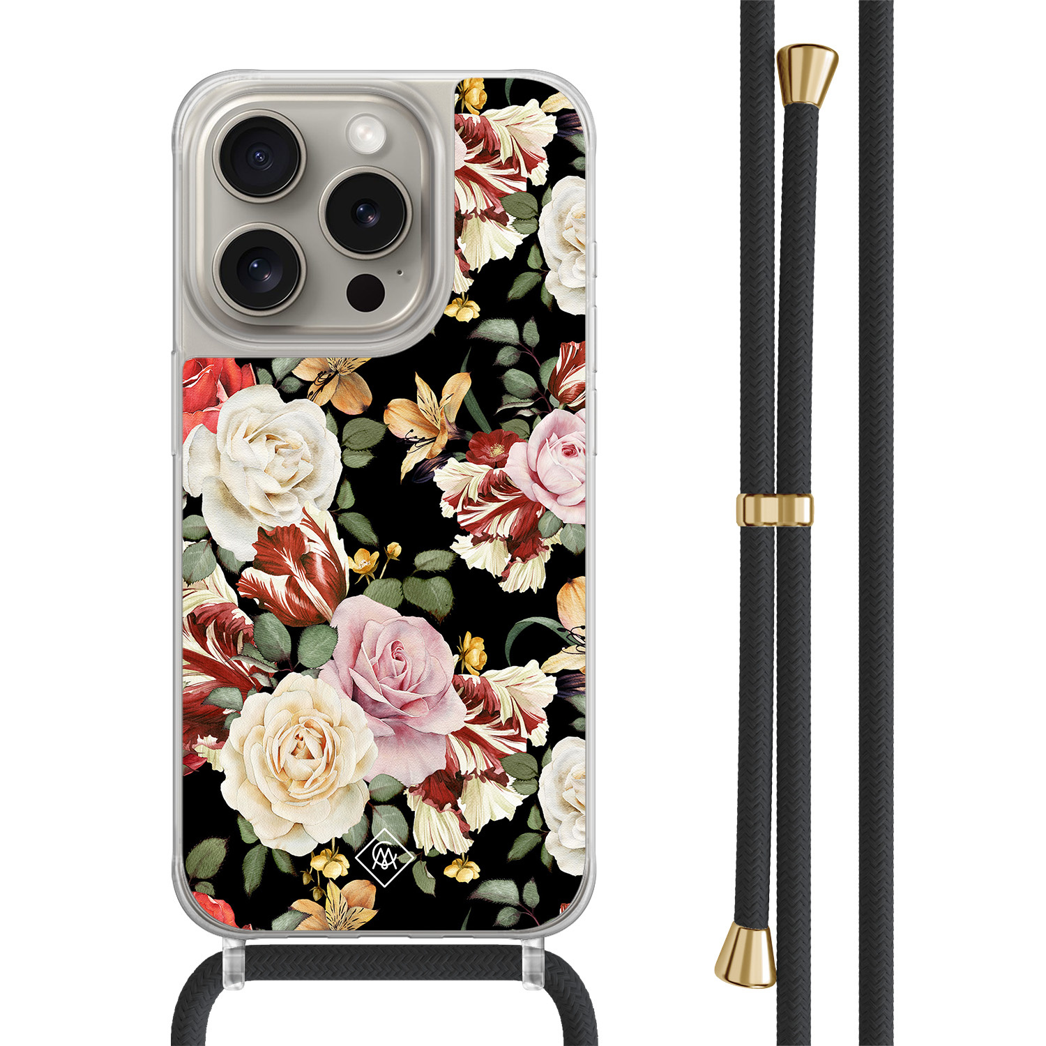 iPhone 15 Pro hoesje met zwart koord - Flowerpower