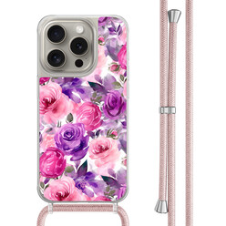 Casimoda iPhone 15 Pro hoesje met rosegoud koord - Rosy blooms