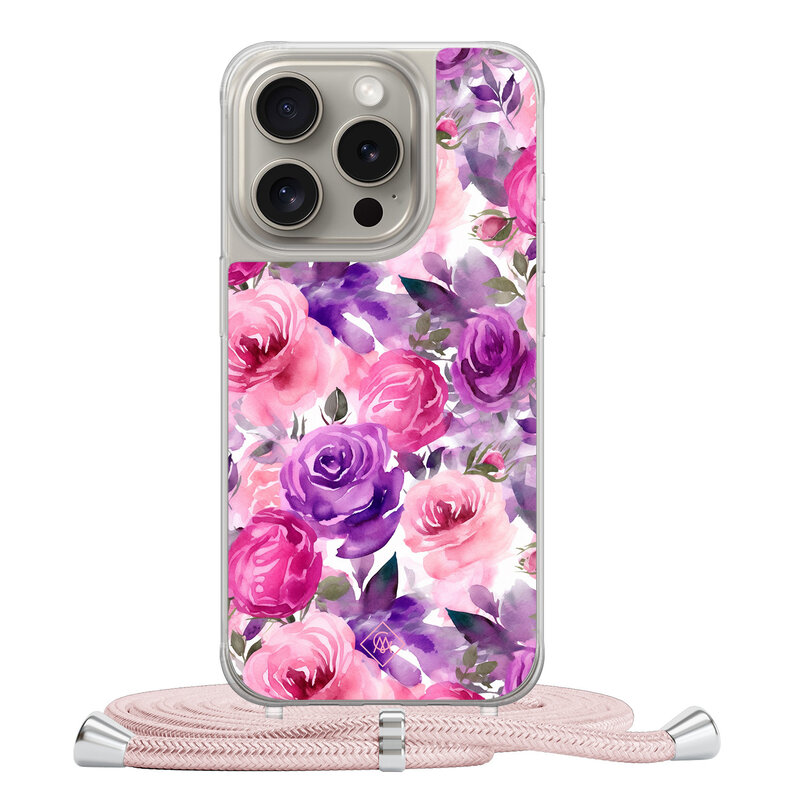 Casimoda iPhone 15 Pro hoesje met rosegoud koord - Rosy blooms