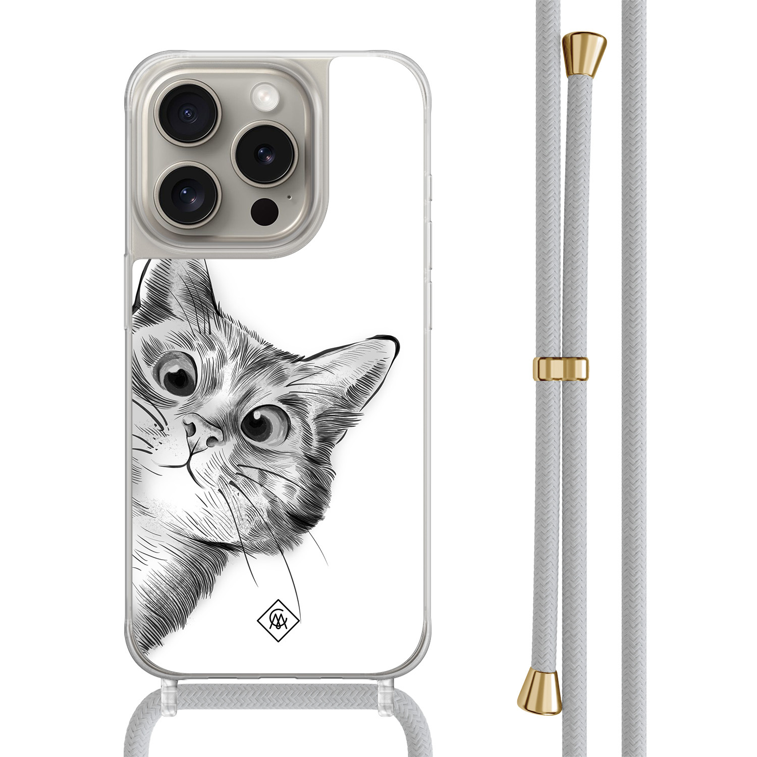 iPhone 15 Pro hoesje met grijs koord - Peekaboo kat