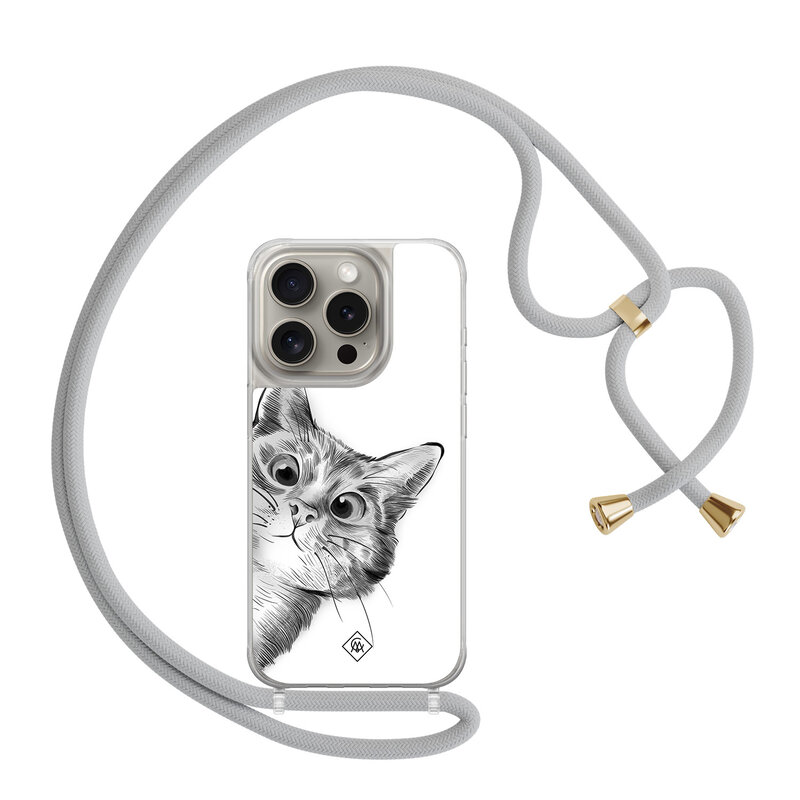 Casimoda iPhone 15 Pro hoesje met grijs koord - Peekaboo kat