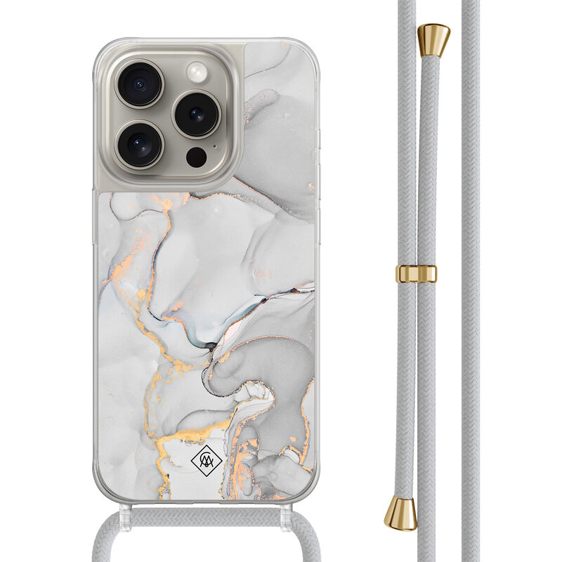 Casimoda iPhone 15 Pro hoesje met grijs koord - Marmer grijs
