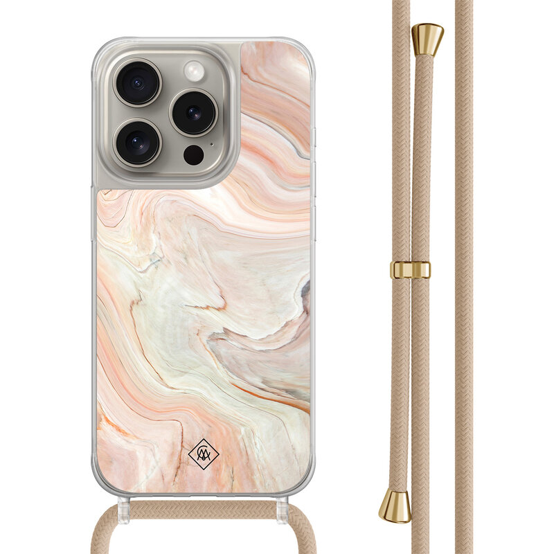Casimoda iPhone 15 Pro hoesje met beige koord - Marmer waves