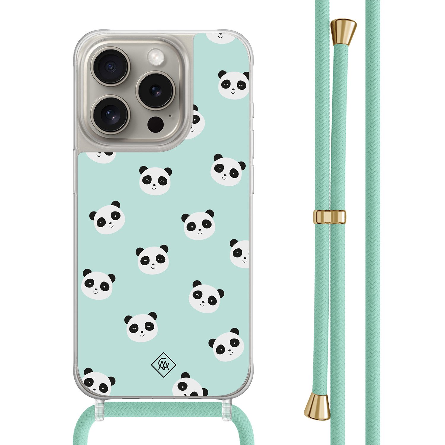 iPhone 15 Pro hoesje met mint koord - Panda print