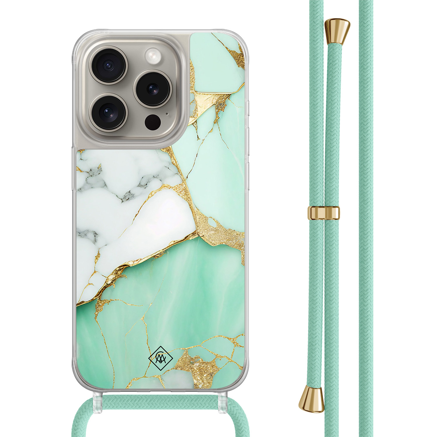 iPhone 15 Pro hoesje met mint koord Marmer mintgroen