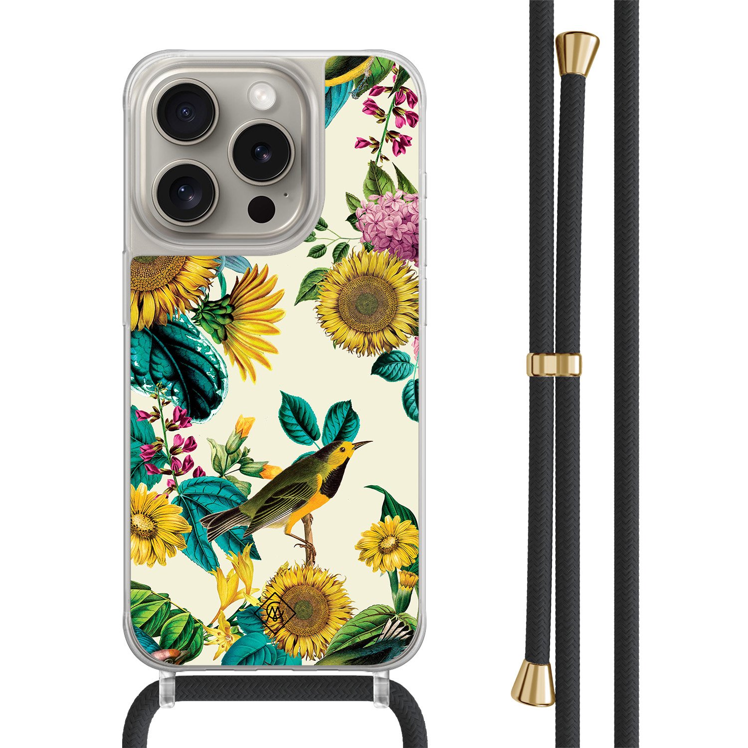 iPhone 15 Pro hoesje met zwart koord - Sunflowers