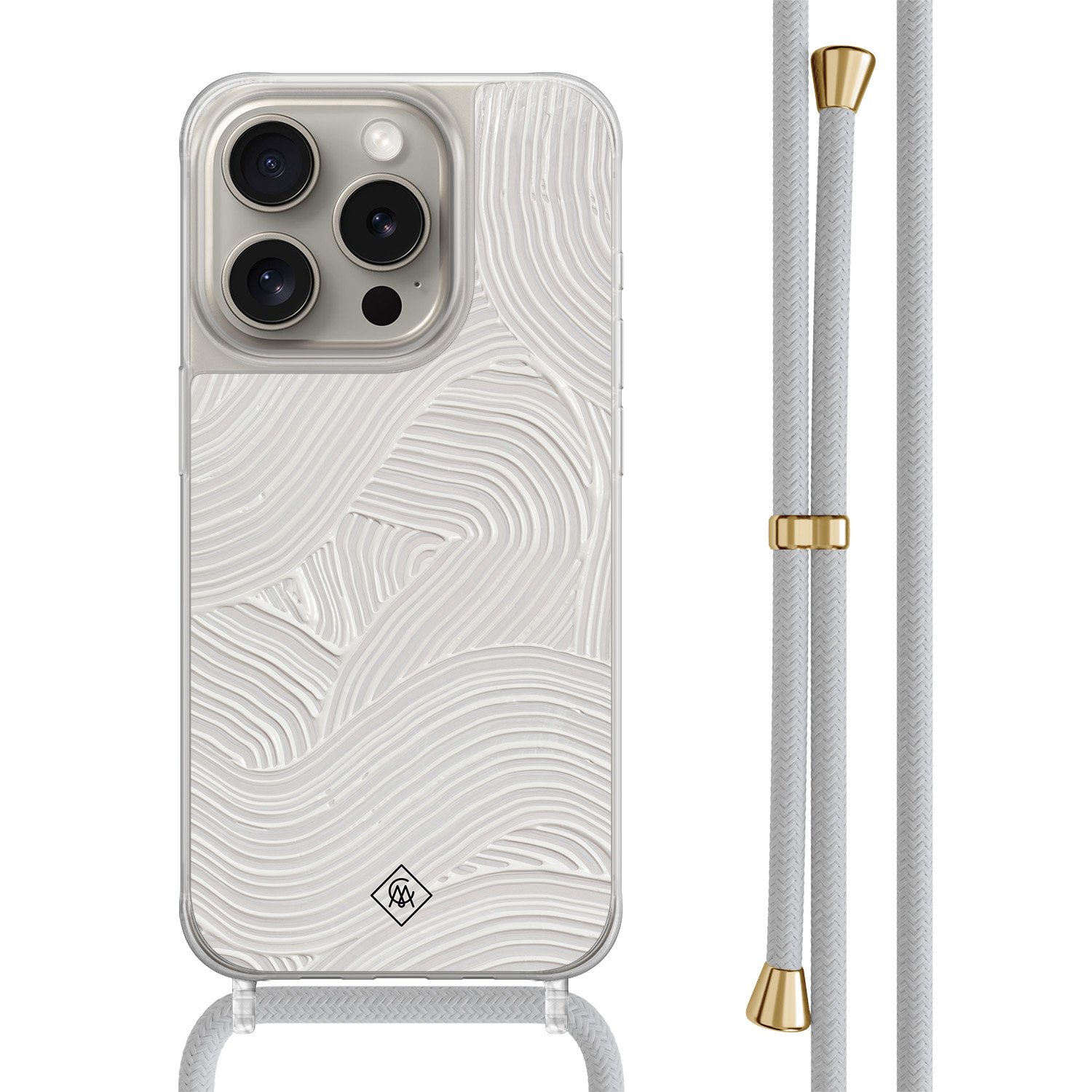 iPhone 15 Pro hoesje met grijs koord - Abstract beige waves