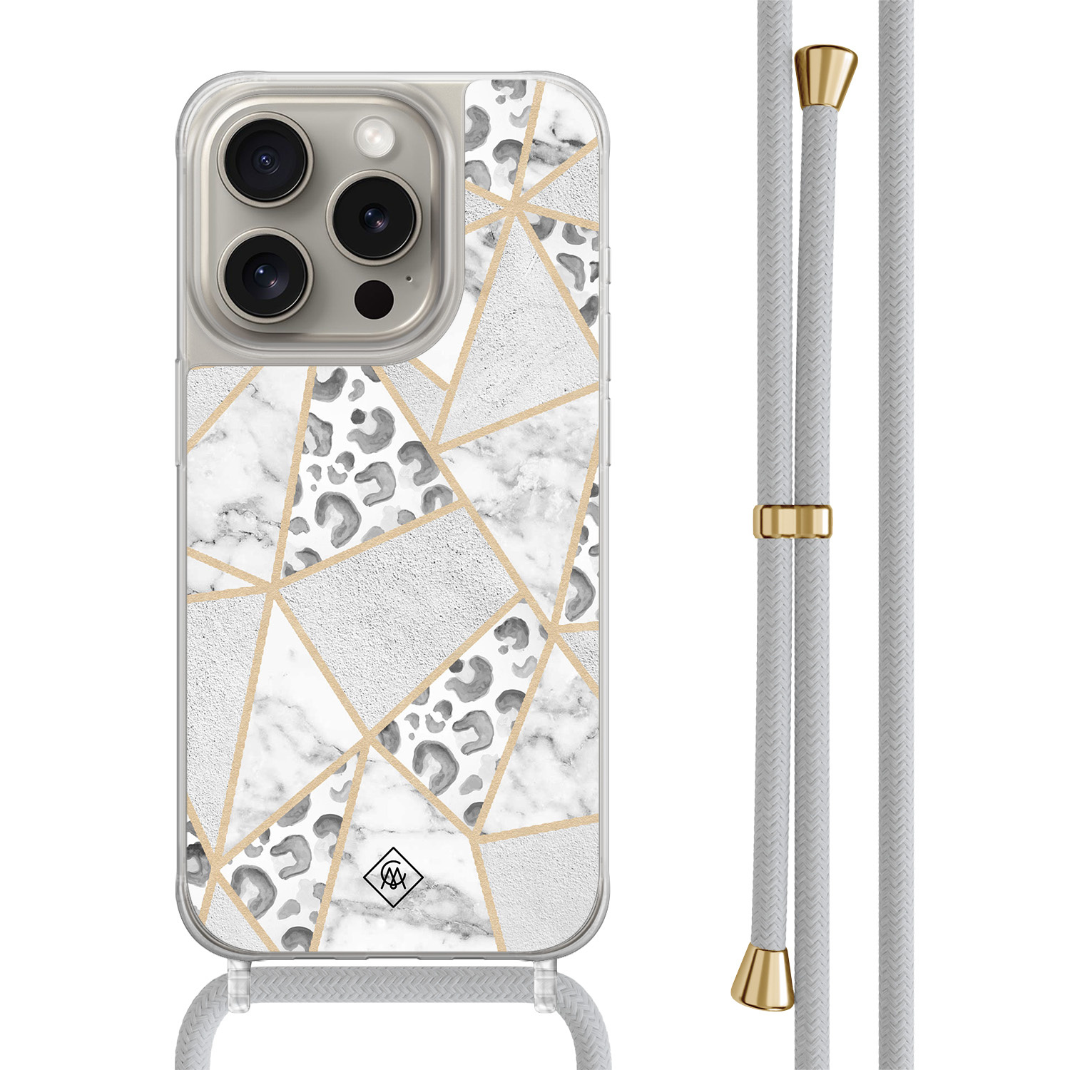 iPhone 15 Pro hoesje met grijs koord - Stone & leopard