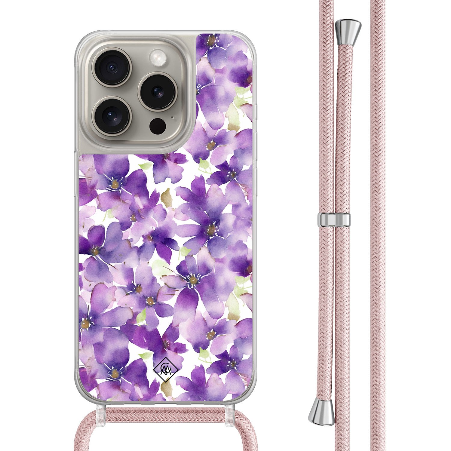 iPhone 15 Pro hoesje met rosegoud koord - Floral violet