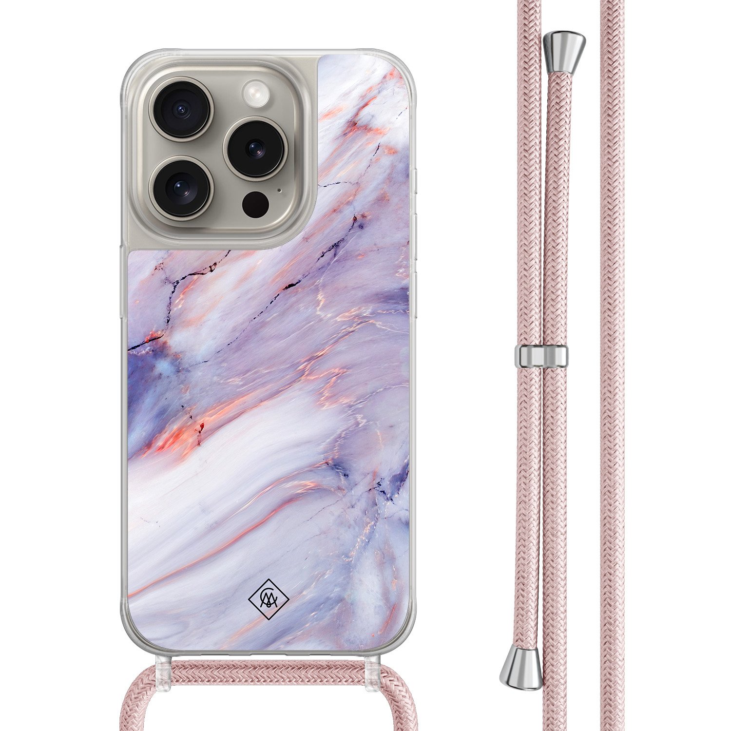 iPhone 15 Pro hoesje met rosegoud koord - Marmer paars