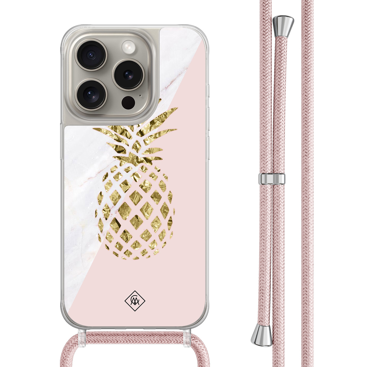 iPhone 15 Pro hoesje met rosegoud koord - Ananas