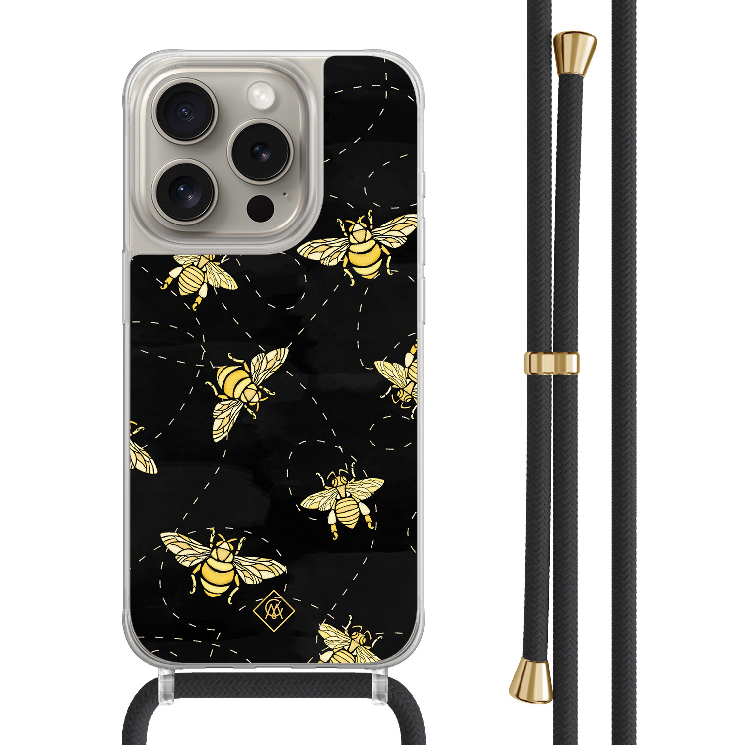 iPhone 15 Pro hoesje met zwart koord - Bee happy