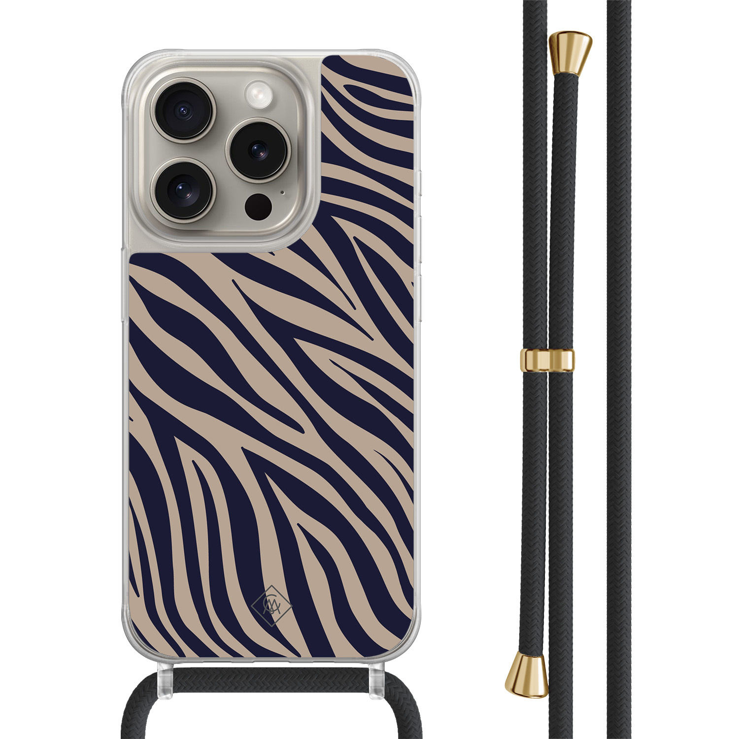 iPhone 15 Pro hoesje met zwart koord - Chevron navy