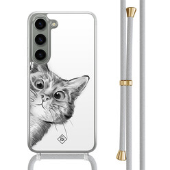 Casimoda Samsung Galaxy S23 hoesje met grijs koord - Peekaboo kat