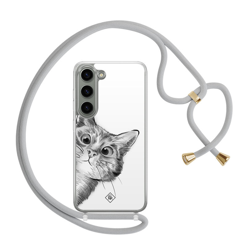 Casimoda Samsung Galaxy S23 hoesje met grijs koord - Peekaboo kat