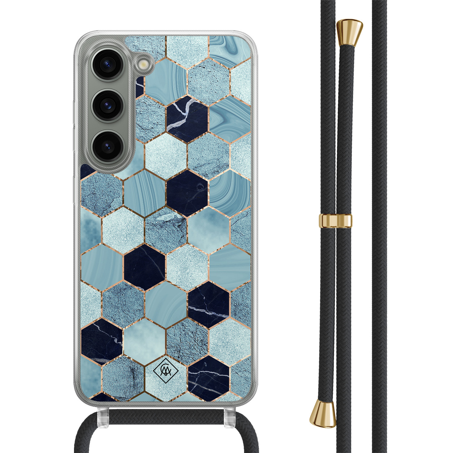 Samsung Galaxy S23 hoesje met zwart koord - Blue cubes