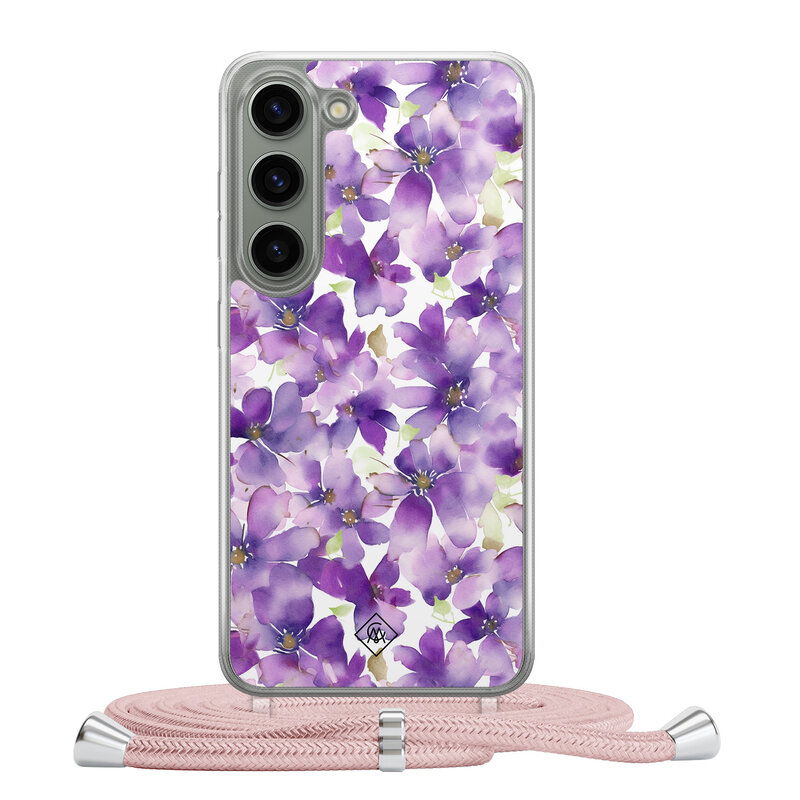 Casimoda Samsung Galaxy S23 hoesje met rosegoud koord - Floral violet