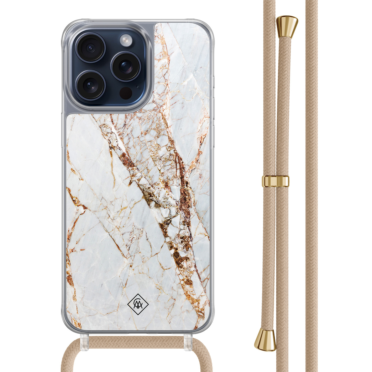 iPhone 15 Pro Max hoesje met beige koord - Marmer goud