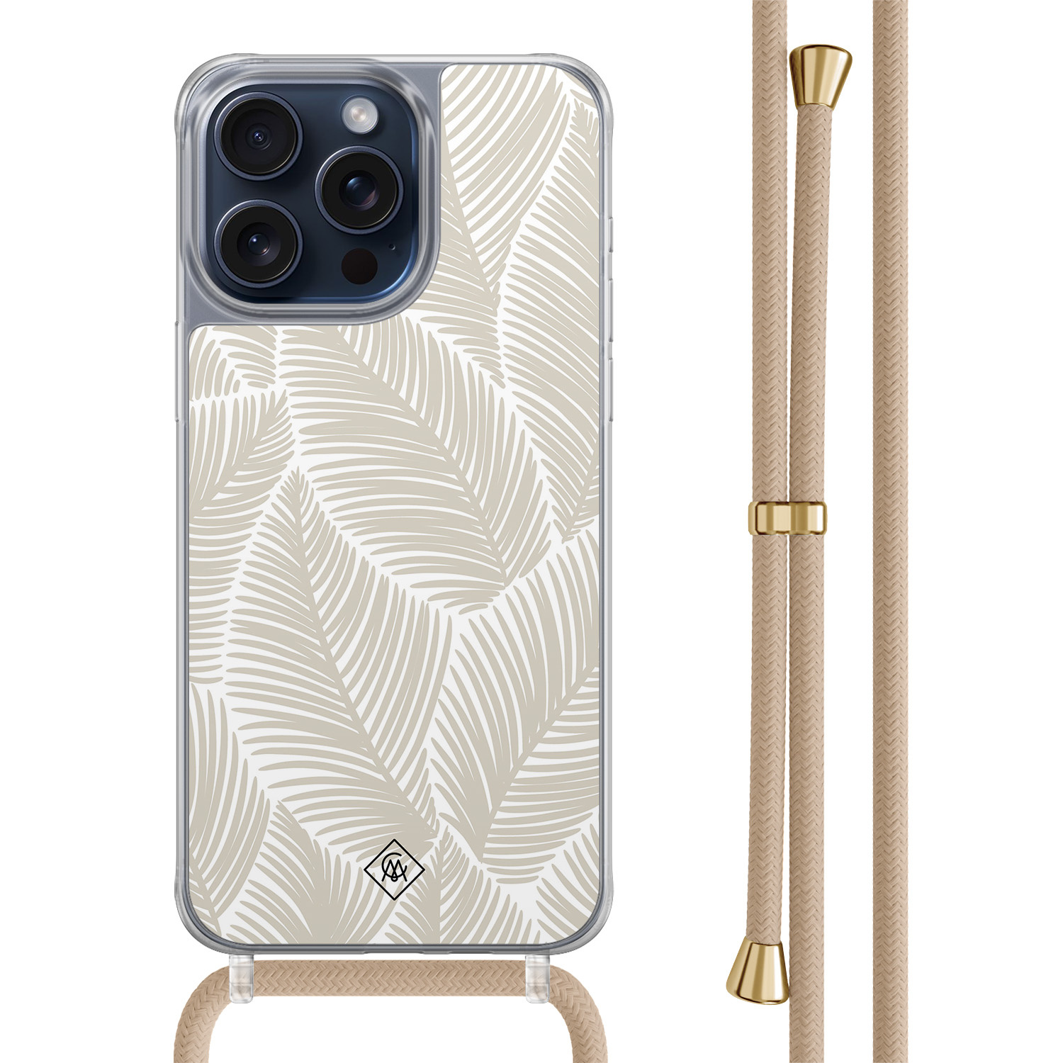iPhone 15 Pro Max hoesje met beige koord - Palm leaves beige