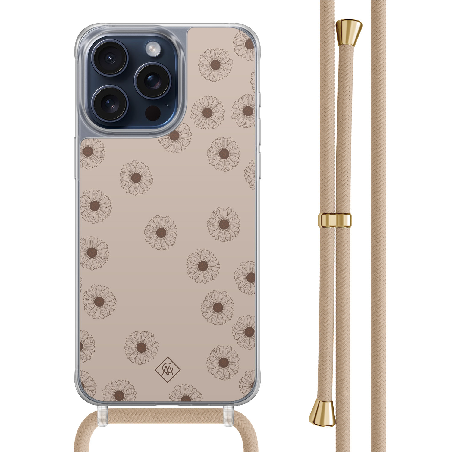 iPhone 15 Pro Max hoesje met beige koord - Cute flowers