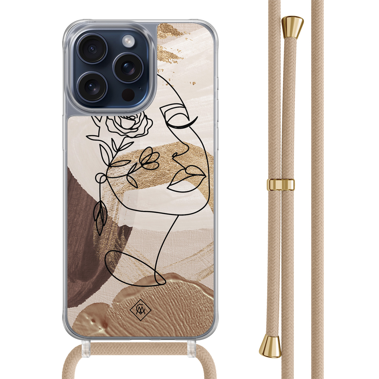 iPhone 15 Pro Max hoesje met beige koord - Abstract gezicht bruin