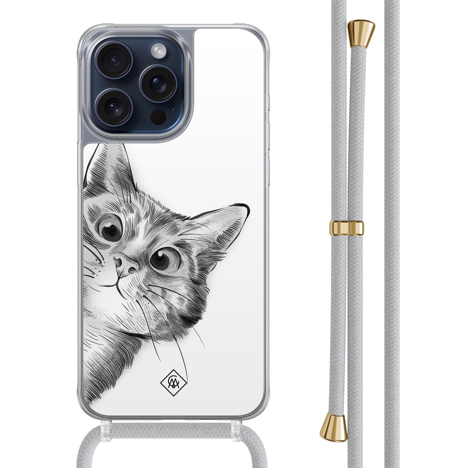 iPhone 15 Pro Max hoesje met grijs koord - Peekaboo kat