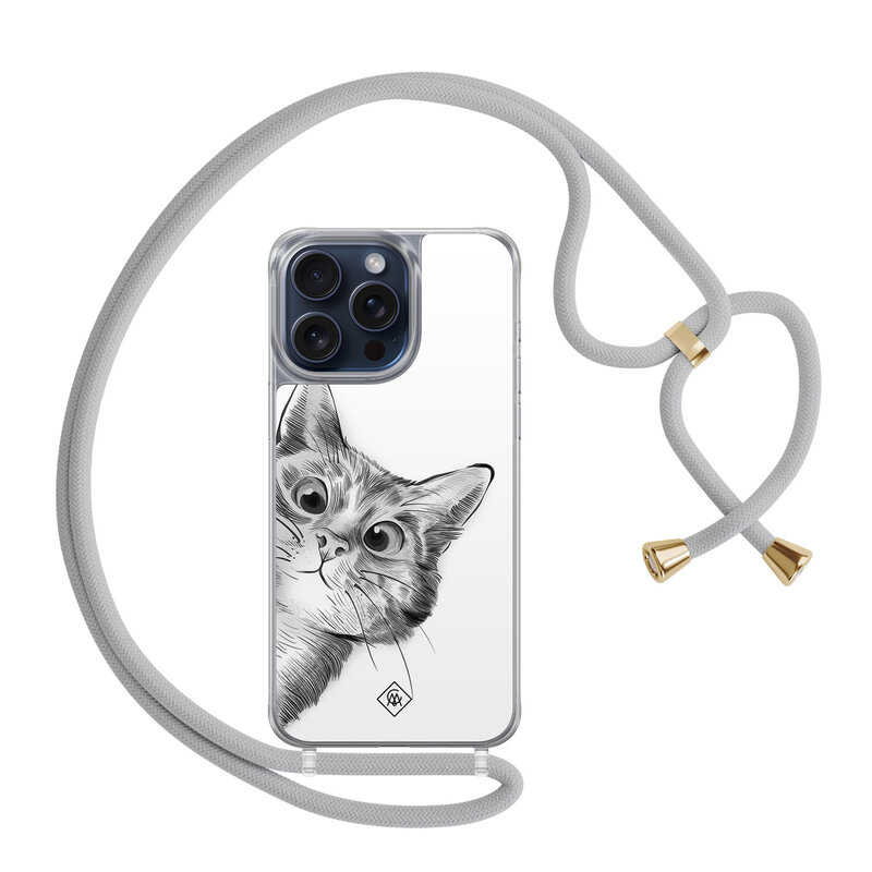Casimoda iPhone 15 Pro Max hoesje met grijs koord - Peekaboo kat