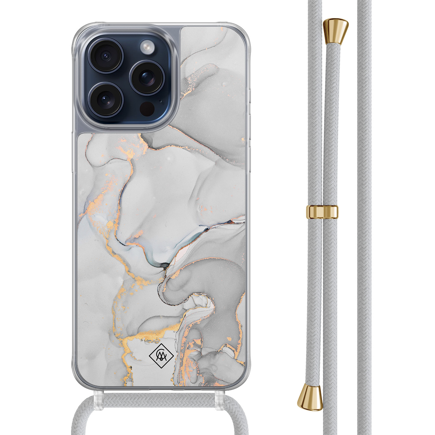 iPhone 15 Pro Max hoesje met grijs koord - Marmer grijs