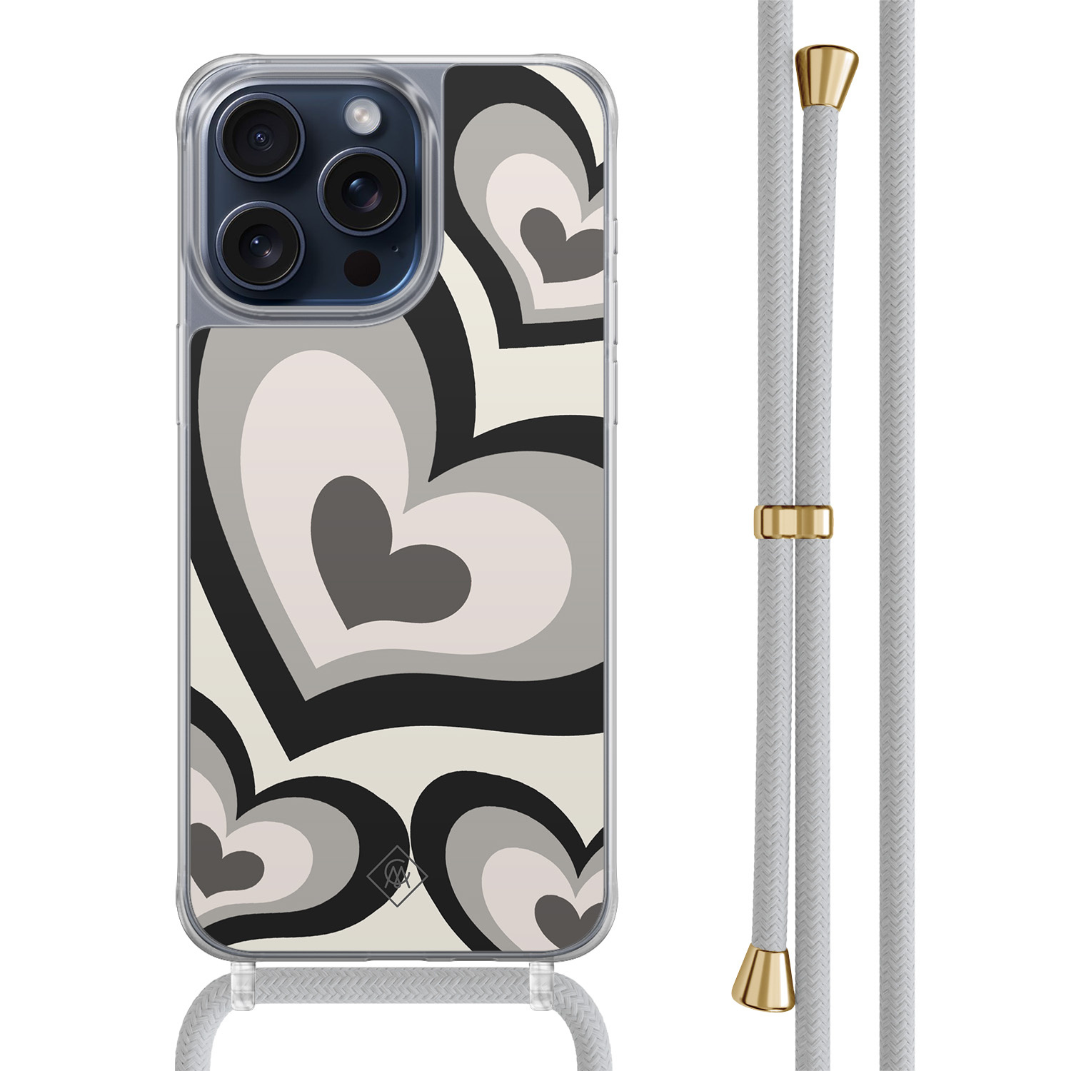 iPhone 15 Pro Max hoesje met grijs koord - Hart swirl zwart