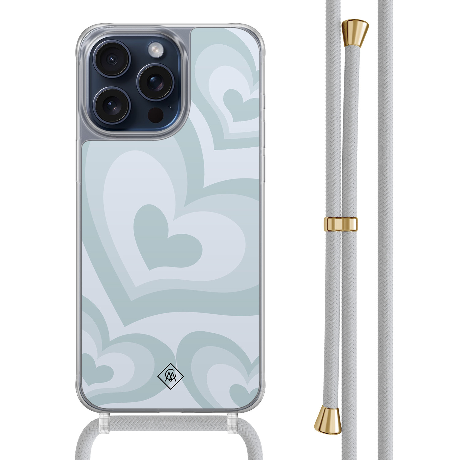 iPhone 15 Pro Max hoesje met grijs koord - Hart swirl blauw
